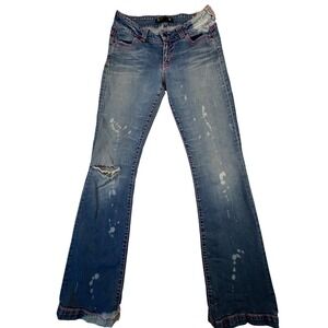 Serfontaine Flare Jeans Womens 28 Blue Pink Stitch Paint Splatter Low Rise